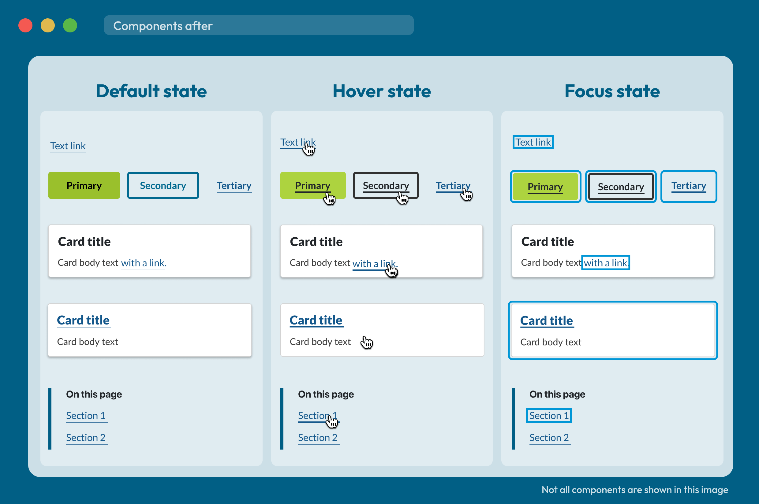 Navigational components across default, hover, and focus states with the accessibility updates from this project applied